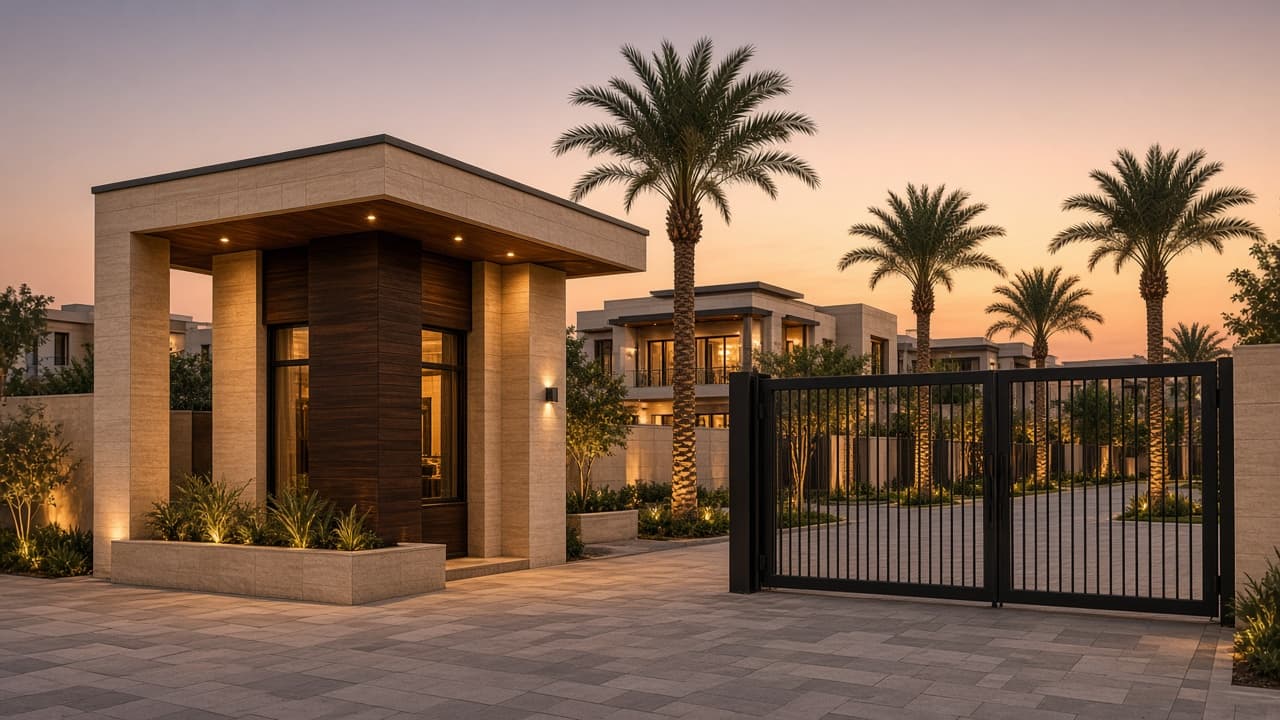 A contemporary compound gate in New Cairo at dusk