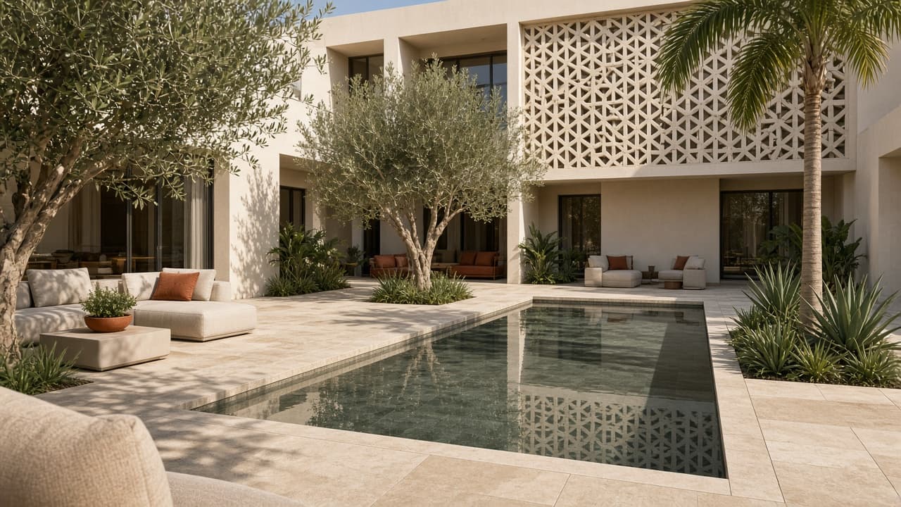A modern villa courtyard with a reflecting pool