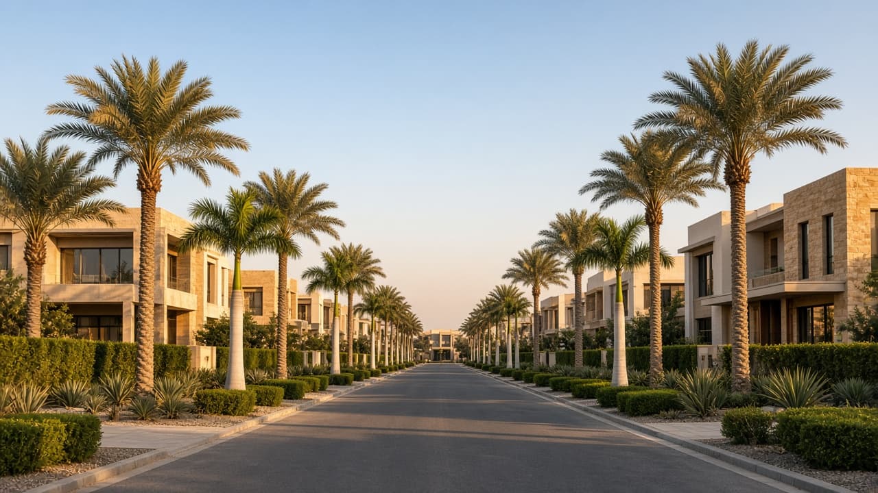A palm-lined boulevard in a modern New Cairo compound